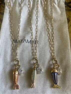 Set of 3 Mayamar Gold Fish Pendant Necklace — Blue, Green & Red